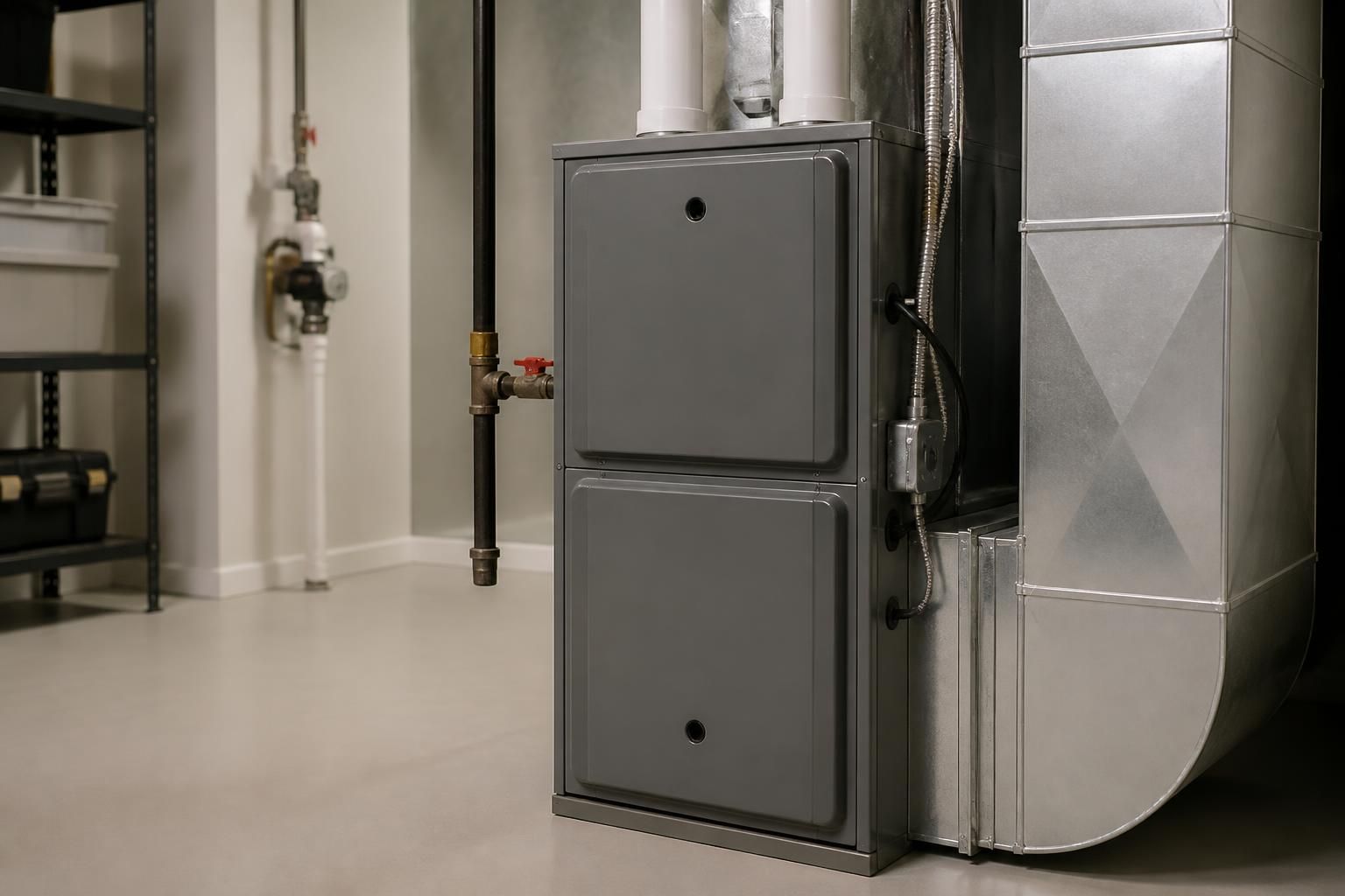 Well-maintained furnace in a clean mechanical room
