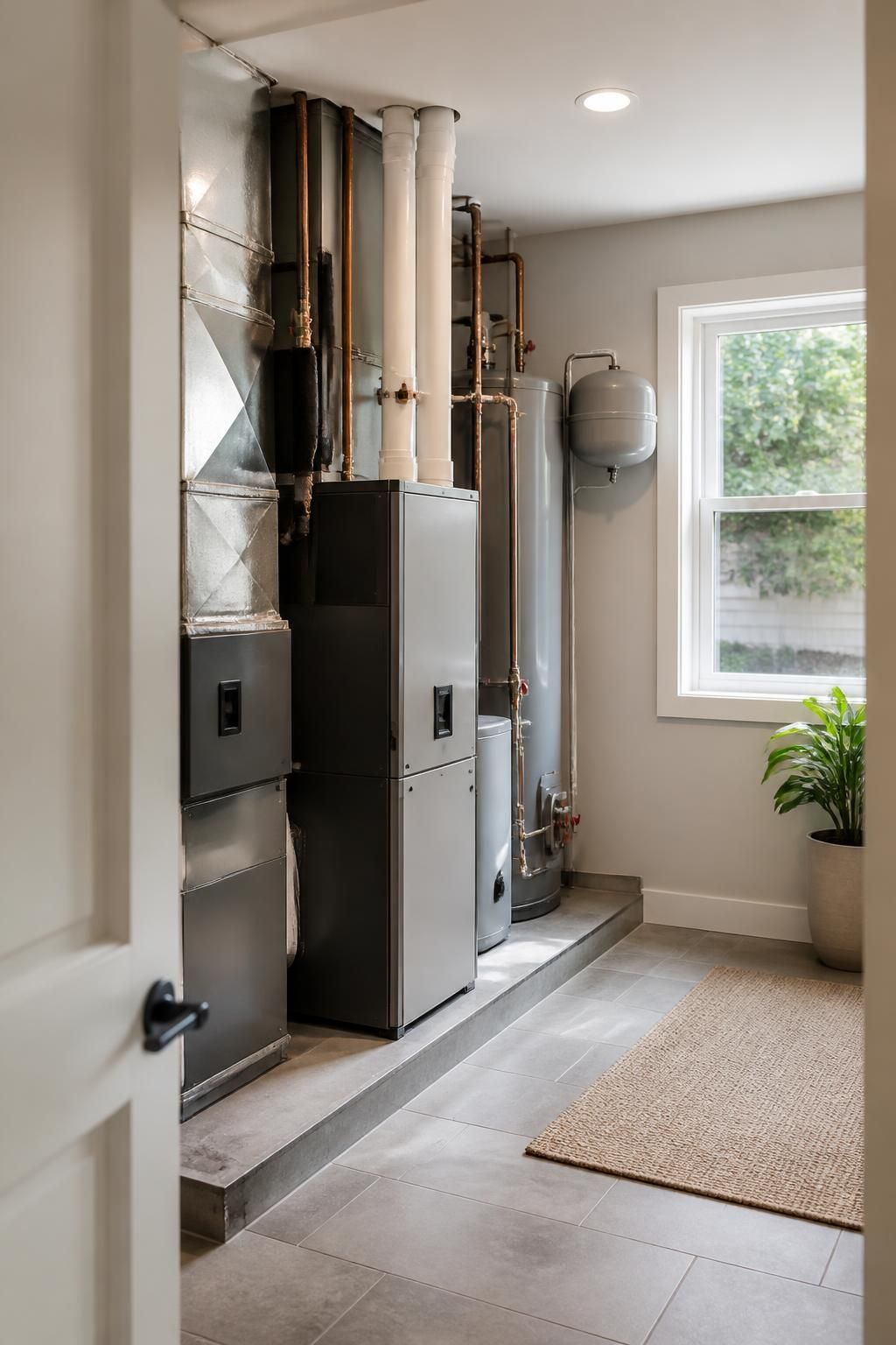 Neat utility space with installed HVAC equipment and clean finishes