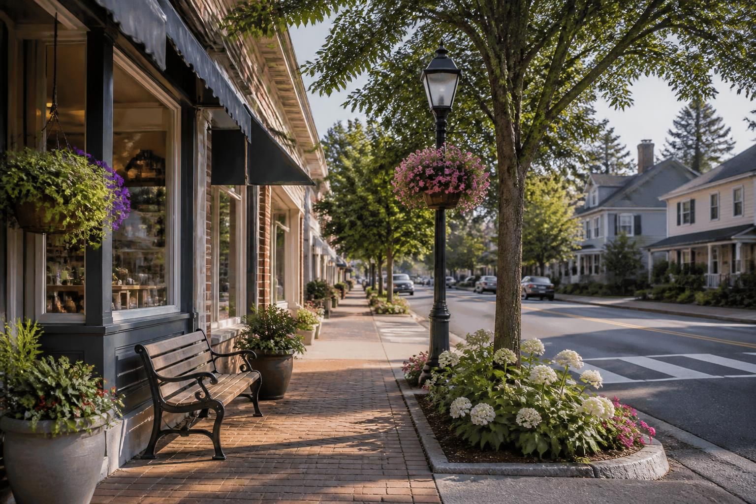 Loudon street with tidy storefronts and nearby homes