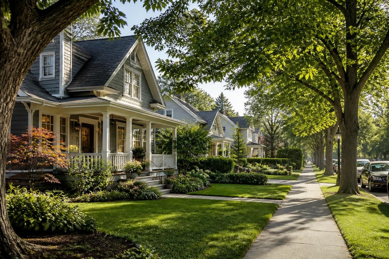 Residential Oak Ridge street with tidy homes and mature trees